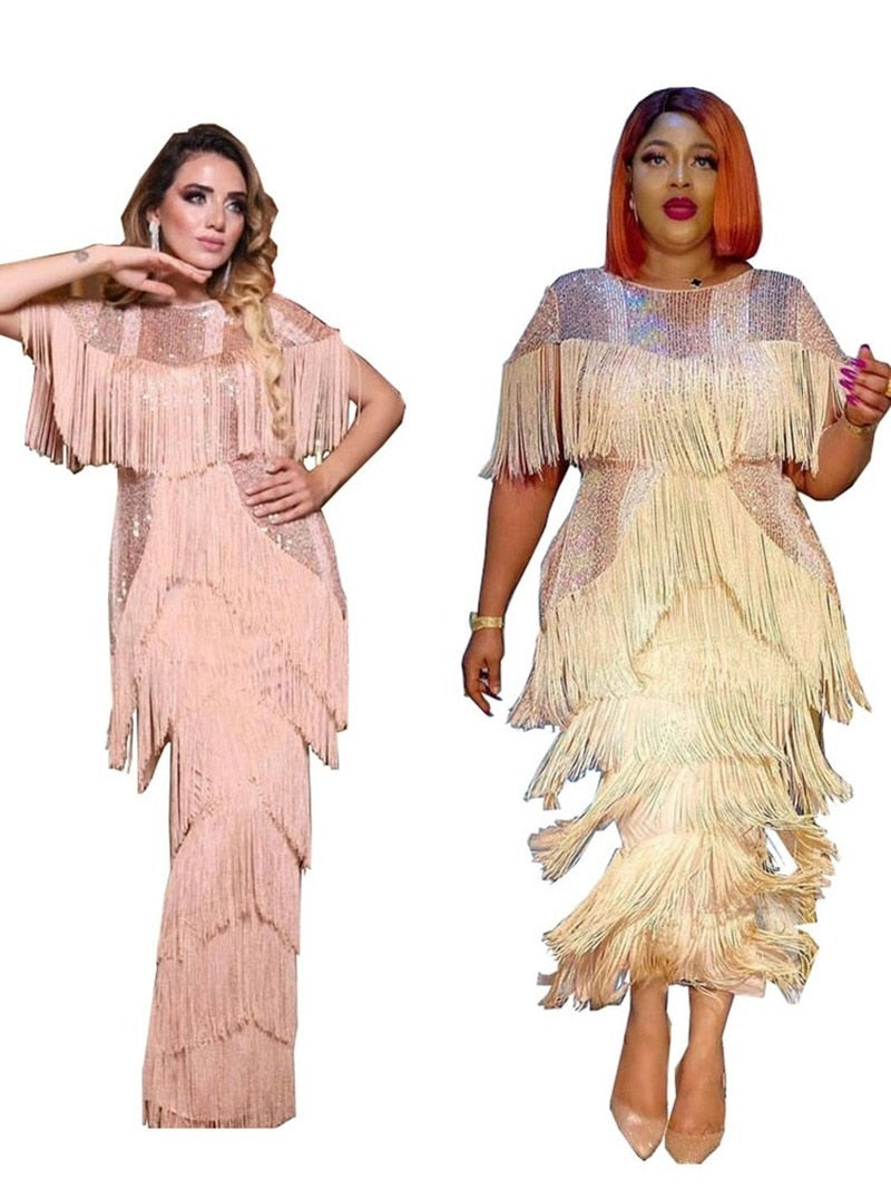 Women Summer Sexy Fringed Embellished Bodycon Celebrity Evening Dress Short Sleeve Fringe Tassel Club Party Dress Vestidos