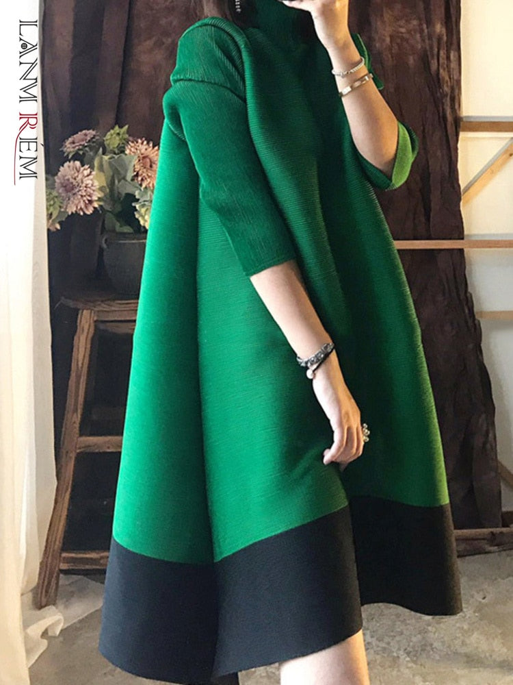 LANMREM Women Green Black Midi Long Pleated  Dress New Round Neck Half Sleeve Loose Fashion Spring 2023 2E1108