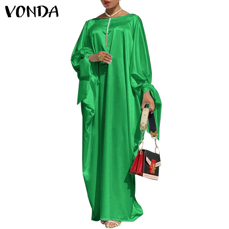 VONDA Women Elegant Dress 2023 Long Sleeve Bohemian Holiday Sundress Satin Solid Dresses Casual Beach Vestidos Robe Femme