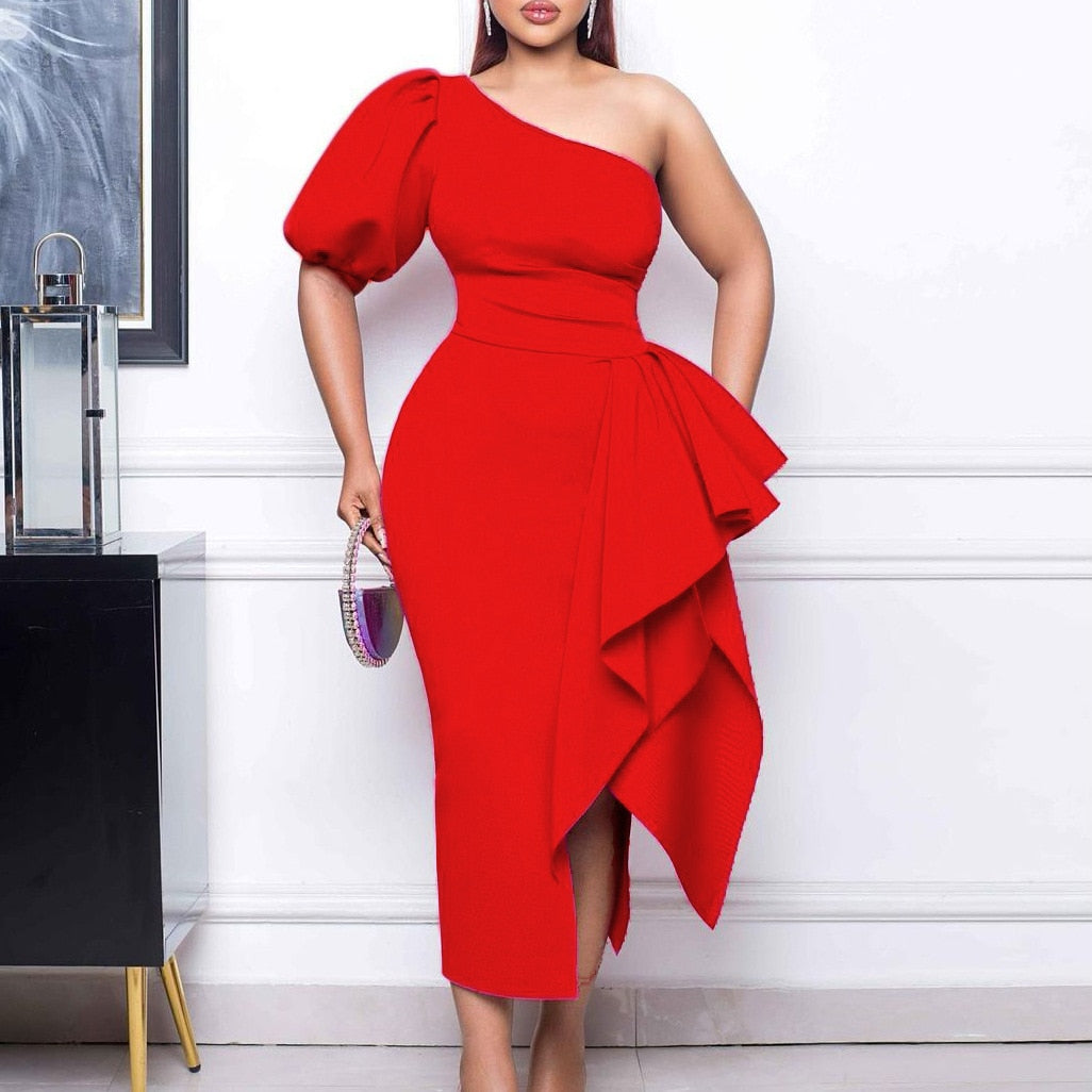 Ruffle Maxi Dress Women One Shoulder Bodycon Dress Half Sleeve Solid Asymmetry Party Club Dress