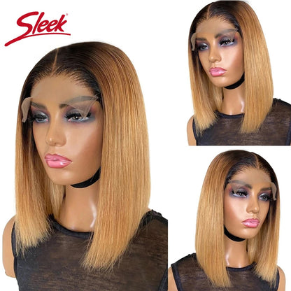 Sleek Blond 27 Hair Wig Ombre Orange Lace Front Short Bob Wigs Remy Human Hair 220% Density For Black Women