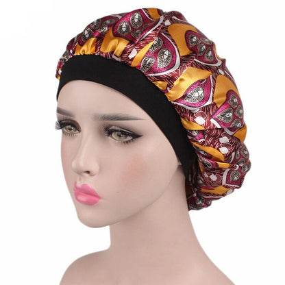 Printing Satin Bonnet For Women Elastic Wide Band Night Sleep Satin Hat Chemo Caps Hair Loss Cover Fashion Head Wrap Hair Care