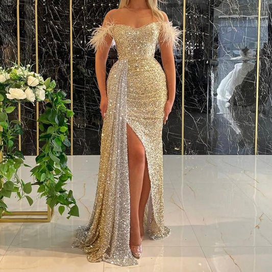 Popular Sexy Dress Waist Tight Slim Fit Backless Long Evening Gowns Female Golden Sequins Maxi Dress