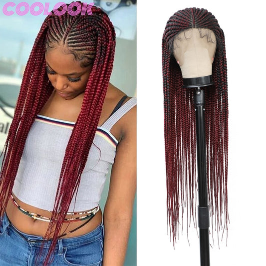 Ombre Red Box Braid Wig with Baby Hairs Long Cornrow Braid Lace Front Wigs for Women Synthetic Knotless Box Braided Frontal Wig