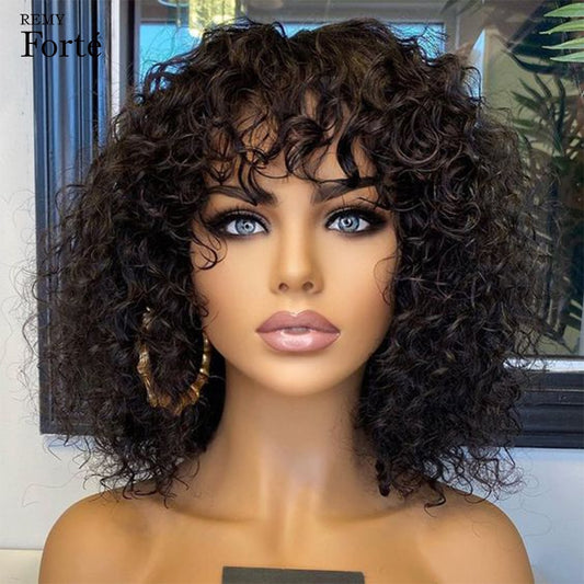 Jerry Curly Human Hair Wigs with Bangs Full Machine Made Wigs Highlight Honey Blonde Ombre Color For Woman Brazilian Remy Hair