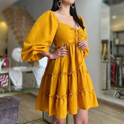 New summer women's dress French retro square neck solid color lantern sleeve high waist cake dress