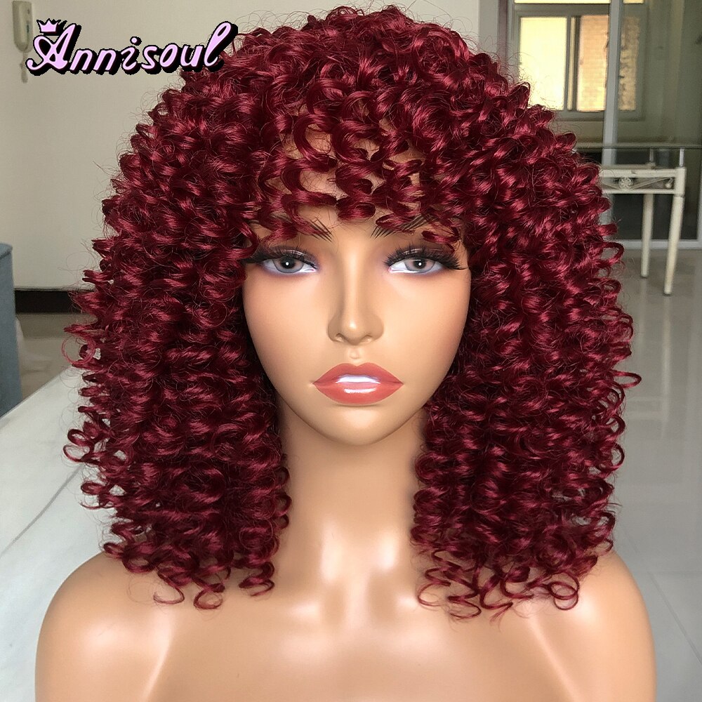 Short Hair Curly Wigs with Bangs for Black Women Synthetic Ombre Glueless Natural Curly Bob Wig High Temperature