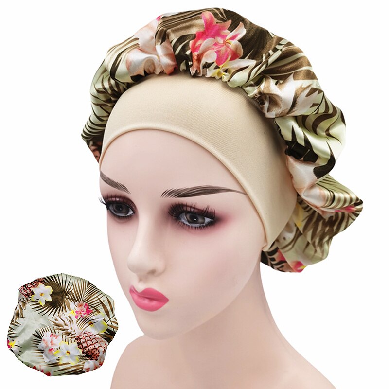 Printing Satin Bonnet For Women Elastic Wide Band Night Sleep Satin Hat Chemo Caps Hair Loss Cover Fashion Head Wrap Hair Care