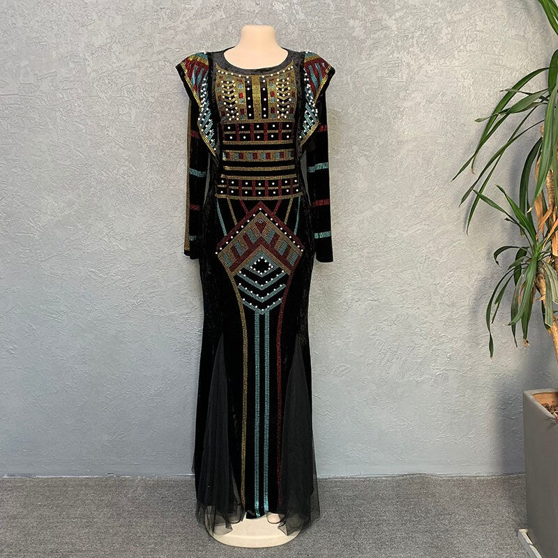 New Winter Women Bazin Rich African Ethnic Printed Rhinestone Dress Autumn Velvet Fashion Exotic Party Maxi Dresses For Women