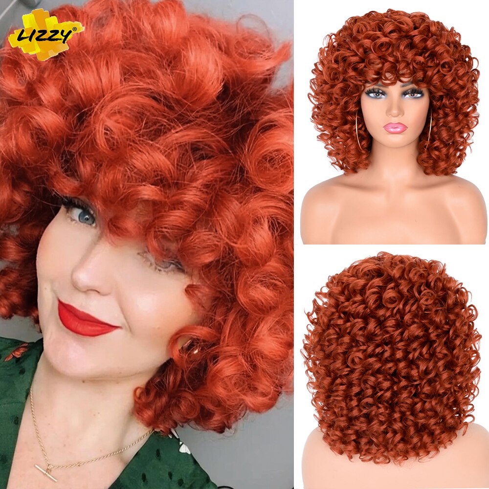 Lizzyhair Red Brown Copper Short Curly Synthetic Wigs for Black Women African Cosplay Natural Afro Wig with Bangs Heat Resistant