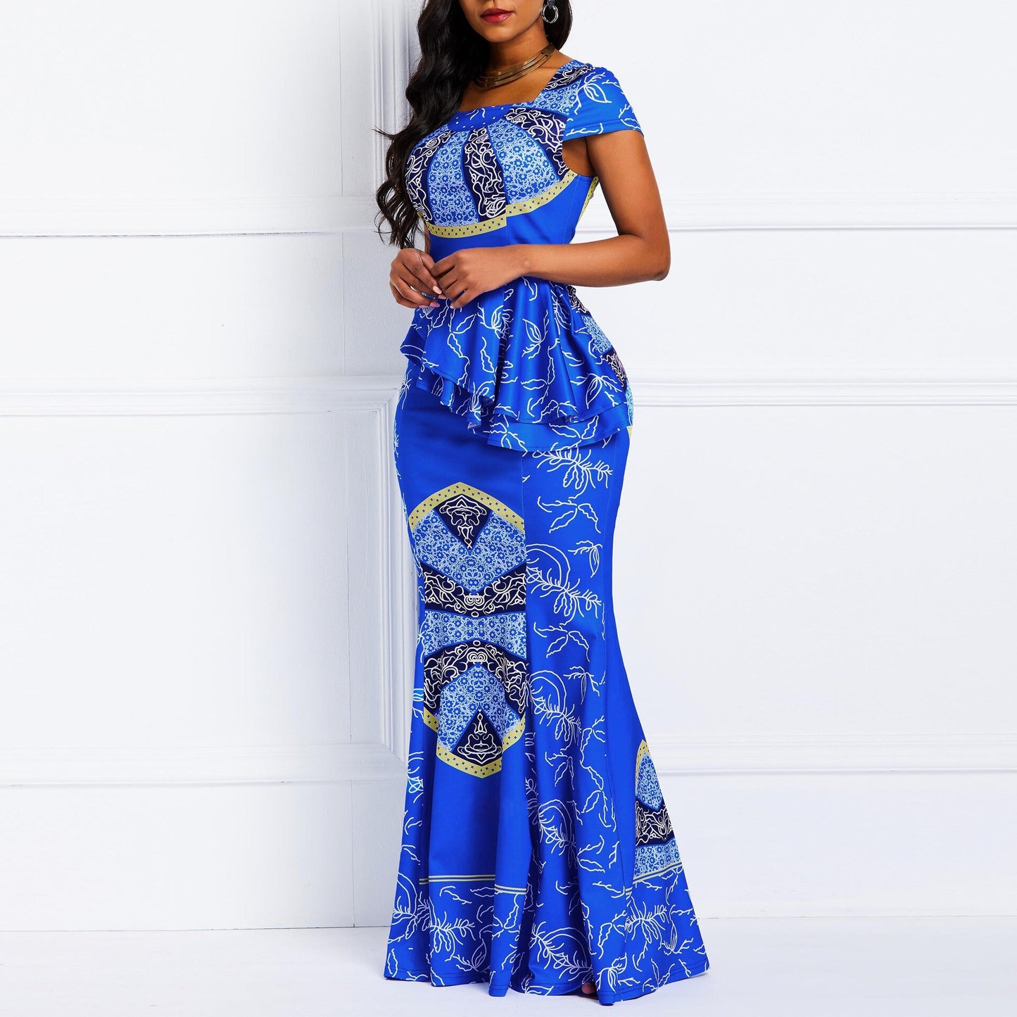 News Ankara Style Clothes for Women Party Robe African Dresses Plus Size Clothing Fashion Print Square Neck Ruffle Long Skirt