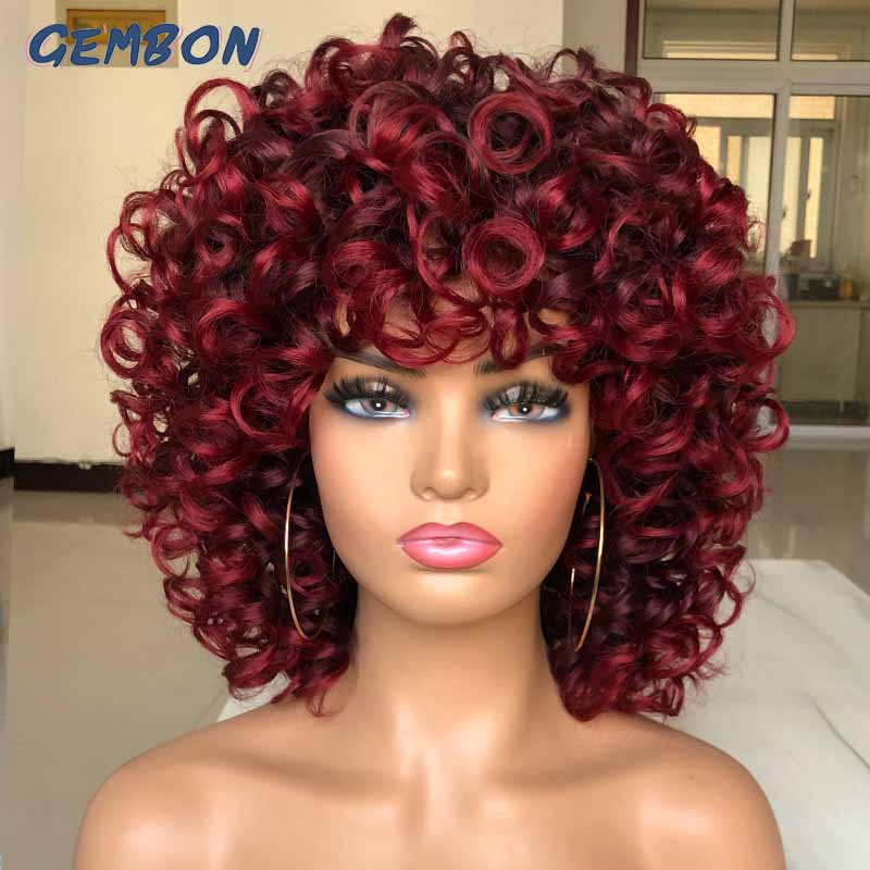 Short Hair Afro Curly Wig Natural Blonde Wigs with Bangs Cosplay Lolita Synthetic Wigs for Women Heat Resistant Fiber Highlight