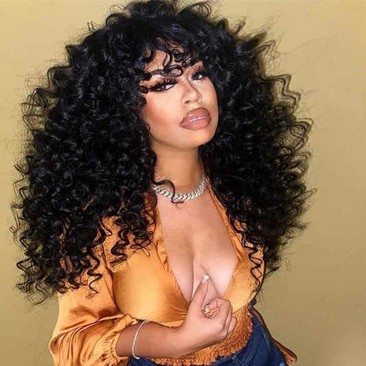 Black Curly Wig With Bangs Long Curly Afro Wigs for Women Synthetic Fiber Glueless Hair for Daily Use Party Halloween Cosplay