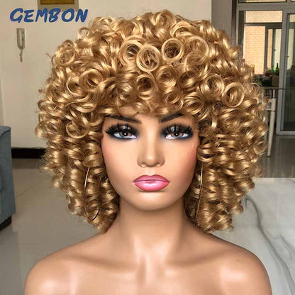 Short Hair Afro Curly Wig Natural Blonde Wigs with Bangs Cosplay Lolita Synthetic Wigs for Women Heat Resistant Fiber Highlight