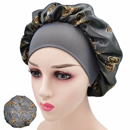 Printing Satin Bonnet For Women Elastic Wide Band Night Sleep Satin Hat Chemo Caps Hair Loss Cover Fashion Head Wrap Hair Care