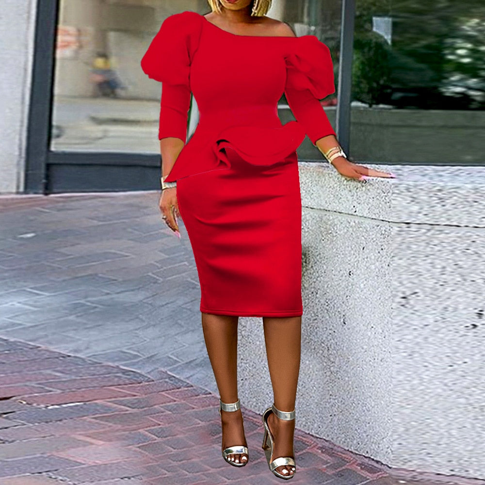 Sexy One Shoulder Lantern Sleeve Bodycon Dress Evening Party Dress For Women 2023 Elegant Peplum Gown African Pencil Red Dress