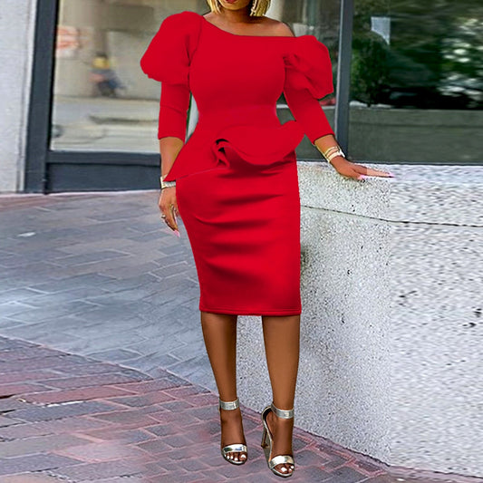 Sexy One Shoulder Lantern Sleeve Bodycon Dress Evening Party Dress For Women 2023 Elegant Peplum Gown African Pencil Red Dress