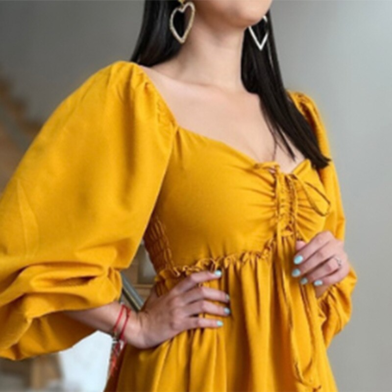 New summer women's dress French retro square neck solid color lantern sleeve high waist cake dress