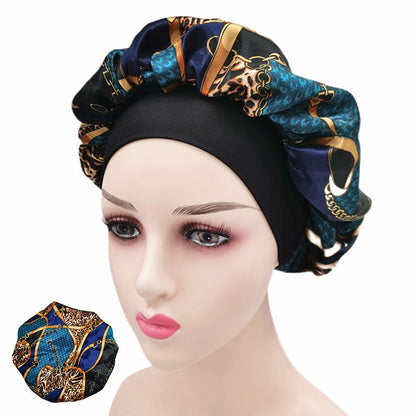 Printing Satin Bonnet For Women Elastic Wide Band Night Sleep Satin Hat Chemo Caps Hair Loss Cover Fashion Head Wrap Hair Care