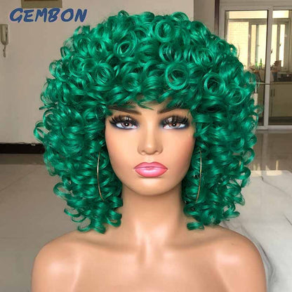 Short Hair Afro Curly Wig Natural Blonde Wigs with Bangs Cosplay Lolita Synthetic Wigs for Women Heat Resistant Fiber Highlight